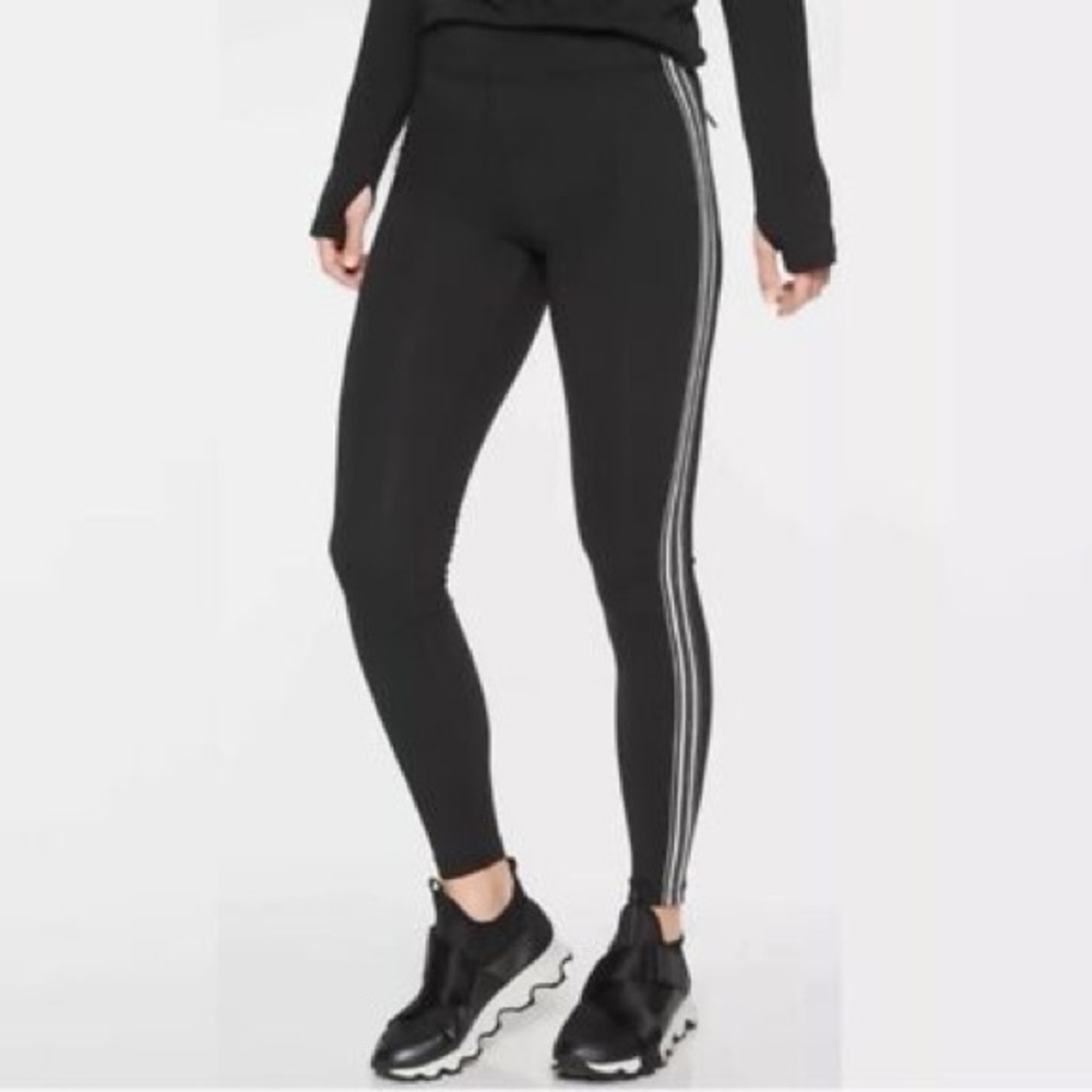 Athleta Track Tux Black Leggings with White Stripes Size Small